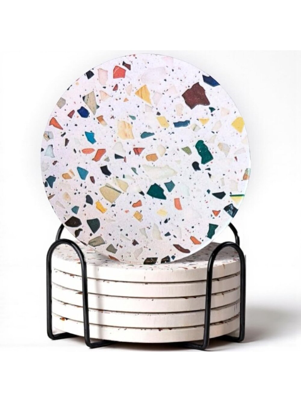 Colorful Boho Terrazzo Coasters Set of 6 | Absorbent Ceramic Drink Coasters